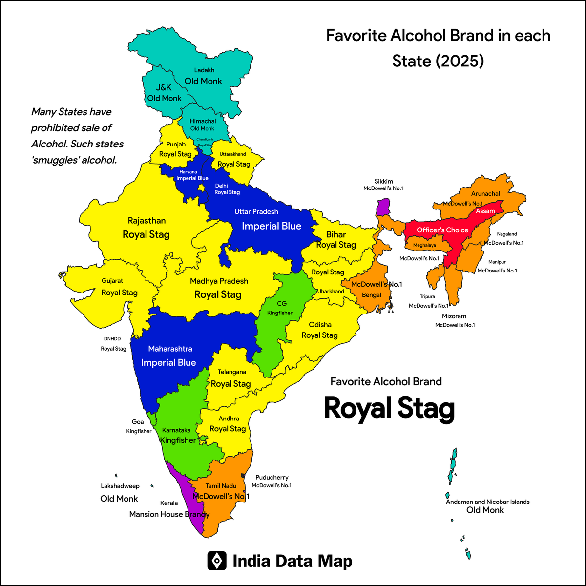 Map: Indian States by Favorite Alcohol Brand (2025)