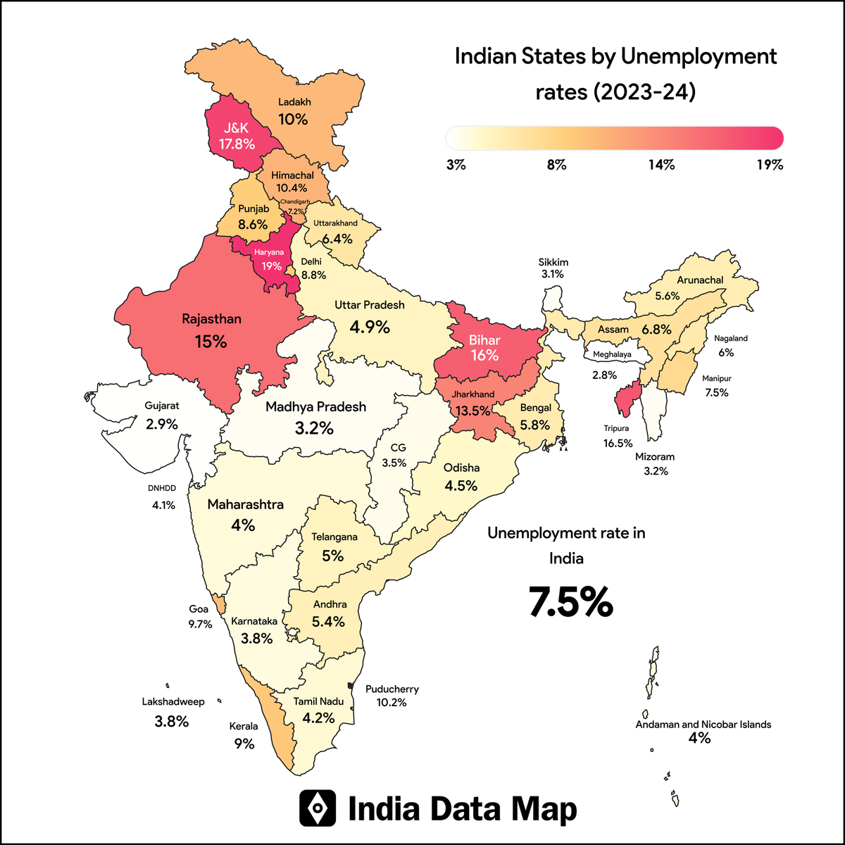 Map: Indian States by Unemployment Rates (FY 2023-24)