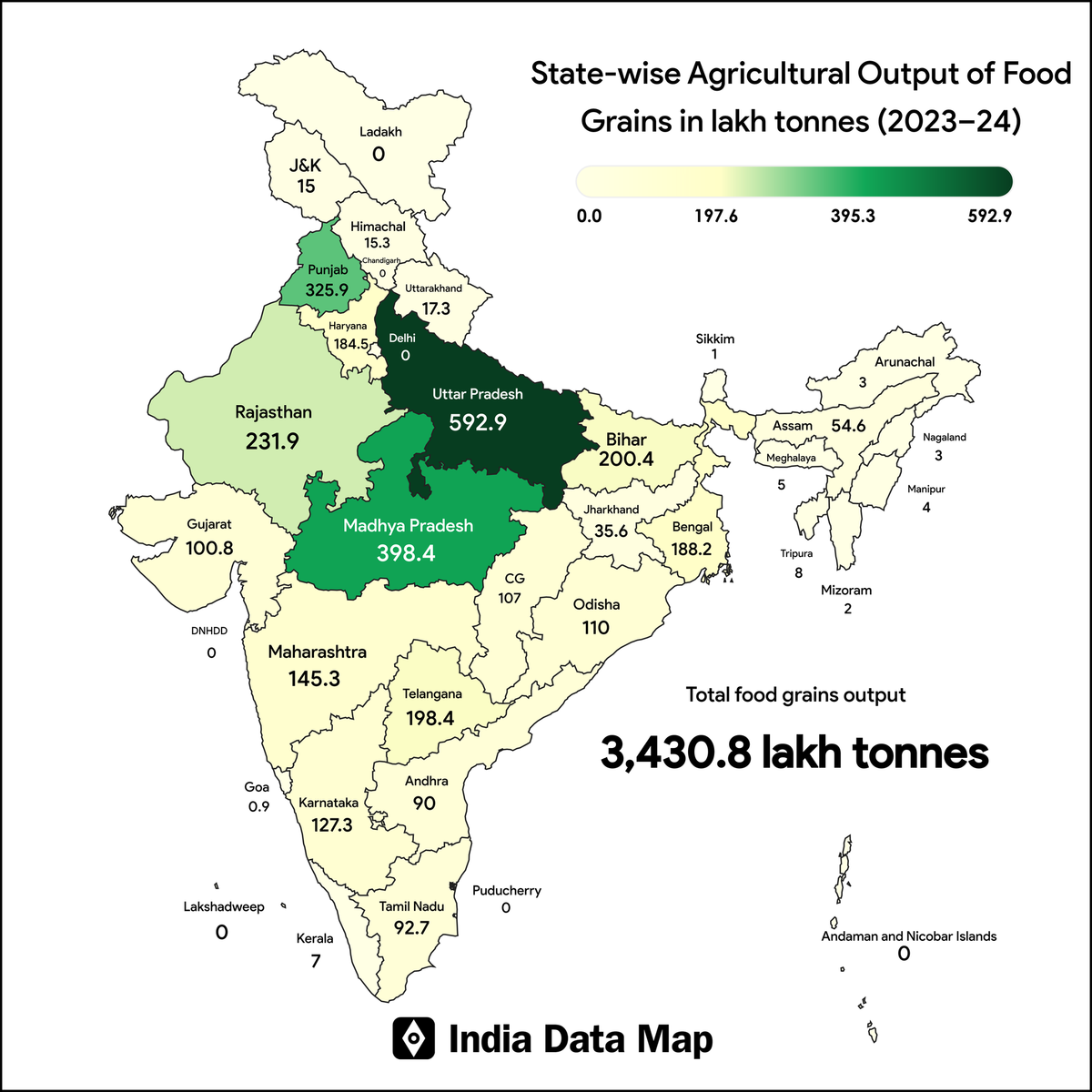 Map: Indian States by production of Food Grains in Lakh tonnes (FY 2023-24)