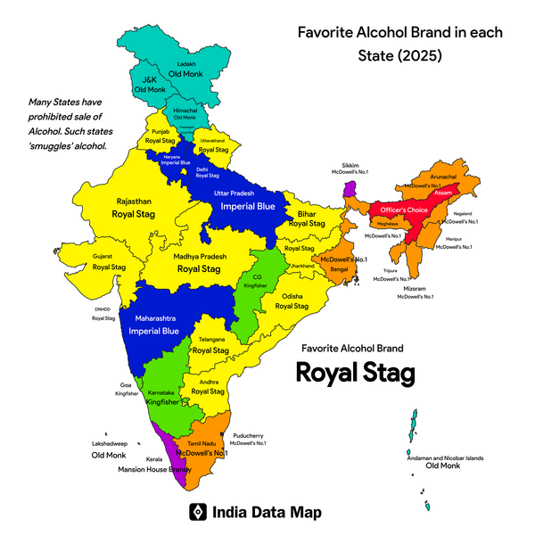 Map: Indian States by Favorite Alcohol Brand (2025)
