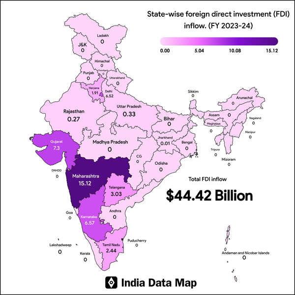 Map: Indian states by Foreign Direct Investments Inflow (FY 2023-24)