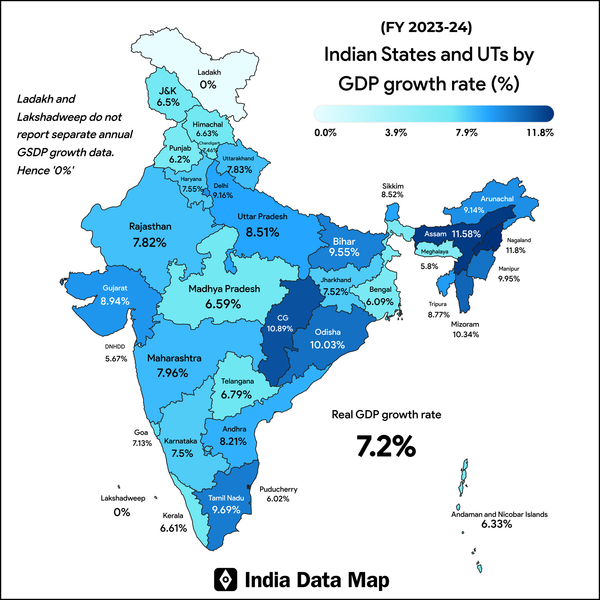 Map: Indian States by GSDP Growth rate (FY 2023-24)