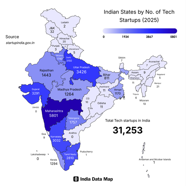 Map: Indian States by Number of Tech Startups (2025)