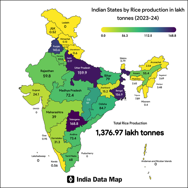 Map: Indian States by Rice Production in Lakh tonnes (FY 2023-24)